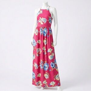 Everly Pink Floral Halter Maxi Dress Boho Summer Vacation Small